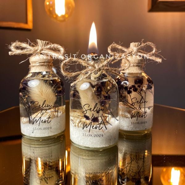 Yakılabilir Kandil Şeffaf Etiketli Cam Şişe Nikah Nişan Söz Bebek Şekeri Hediyelik Sunum Kasası Hediyeli