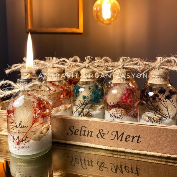 Yakılabilir Kandil Şeffaf Etiketli Cam Şişe Nikah Nişan Söz Bebek Şekeri Hediyelik Sunum Kasası Hediyeli