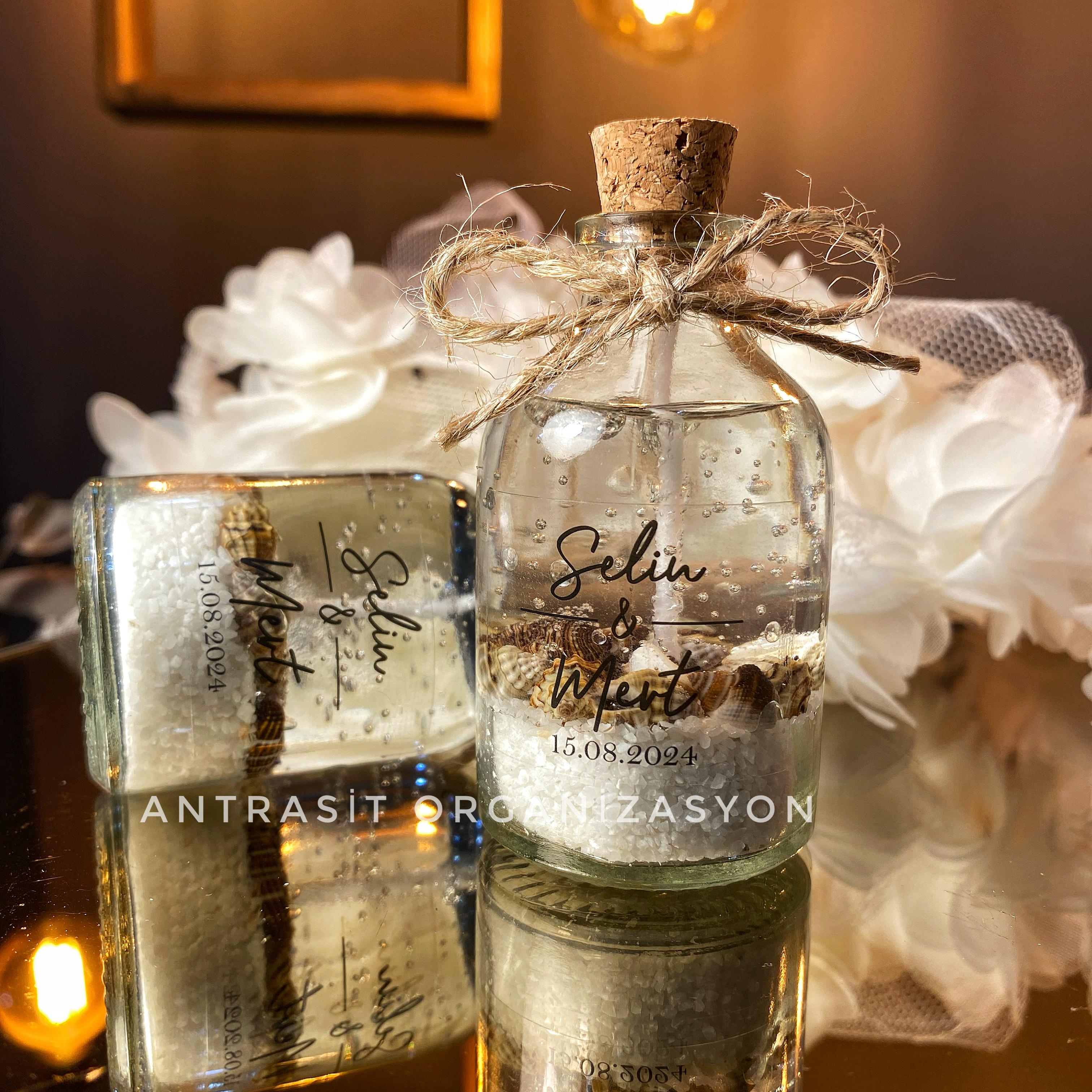 Sunum Kasası Hediyeli 50 cc Cam Şişe Jel Mum Nikah Nişan Söz Bebek Şekeri Hediyelik