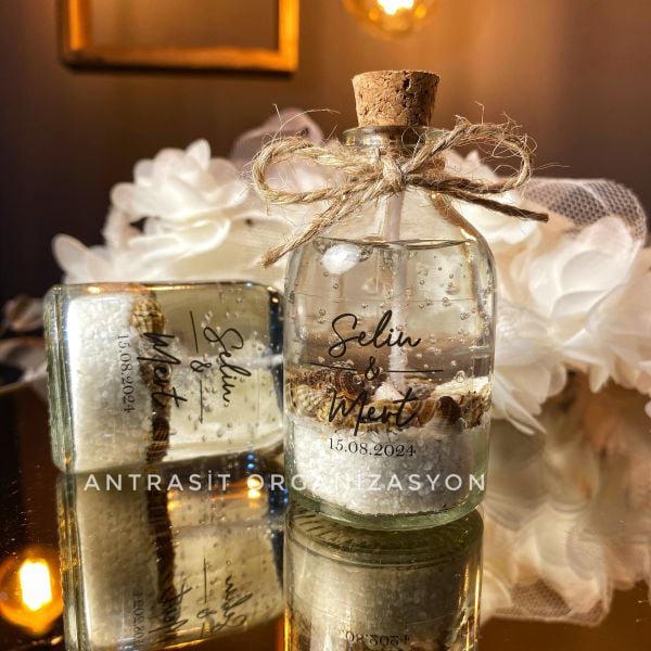 Sunum Kasası Hediyeli 50 cc Cam Şişe Jel Mum Nikah Nişan Söz Bebek Şekeri Hediyelik