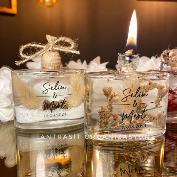 Yeni Model Cam Şişe Kuru Çiçekli Kandil Nikah Nişan Söz Bebek Şekeri Hediyelik