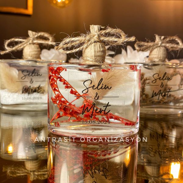 Yeni Model Cam Şişe Kuru Çiçekli Kandil Nikah Nişan Söz Bebek Şekeri Hediyelik