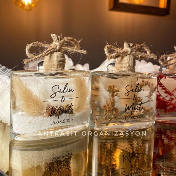 Yeni Model Cam Şişe Kuru Çiçekli Kandil Nikah Nişan Söz Bebek Şekeri Hediyelik
