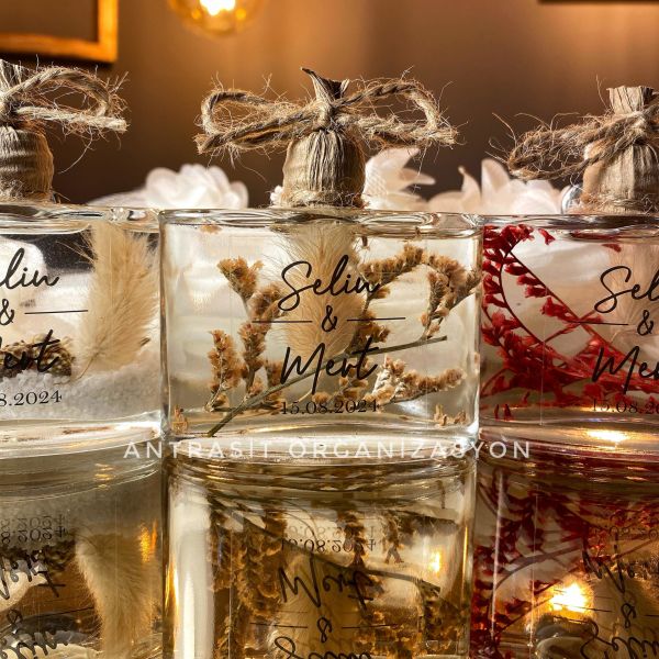 Yeni Model Cam Şişe Kuru Çiçekli Kandil Nikah Nişan Söz Bebek Şekeri Hediyelik