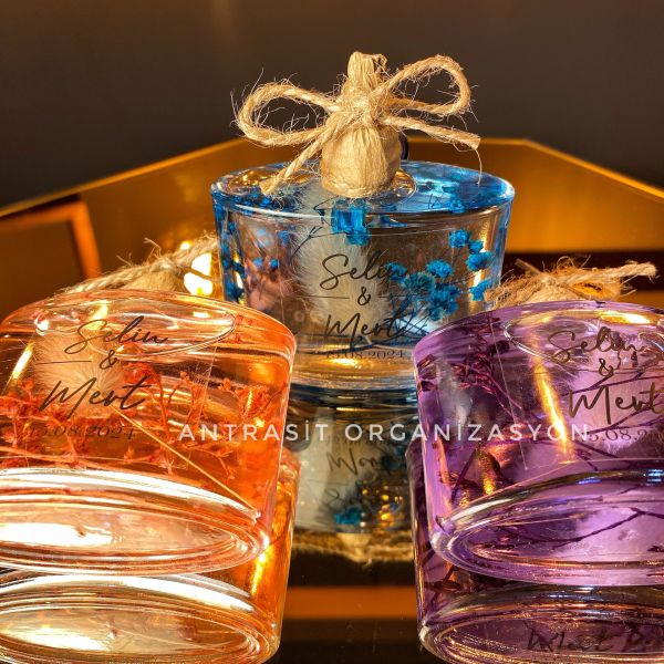 Yeni Cam Şişe Renkli Kandil Pembe Mavi Mor Nikah Nişan Söz Bebek Şekeri Hediyelik