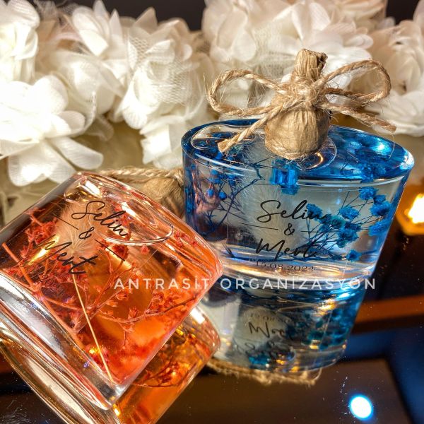 Yeni Cam Şişe Renkli Kandil Pembe Mavi Mor Nikah Nişan Söz Bebek Şekeri Hediyelik