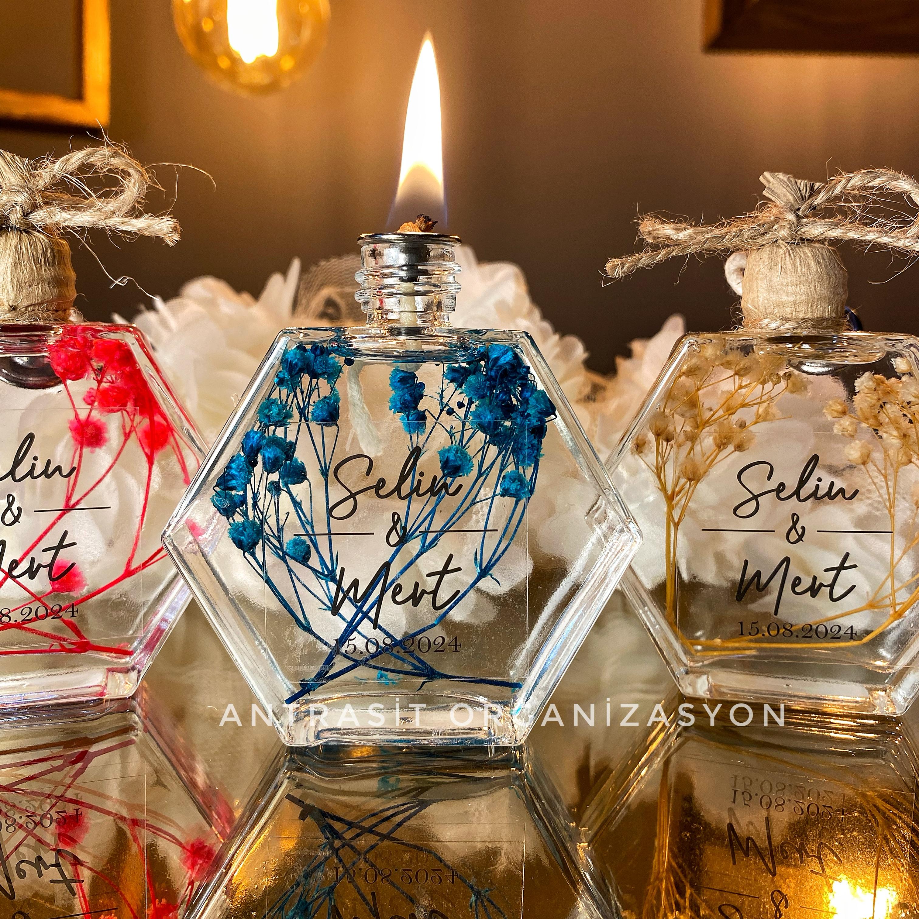 Kuru Çiçekli Altıgen Cam Şişe Kandil Nikah Nişan Söz Bebek Şekeri Hediyelik ANTRASİT ORGANİZASYON