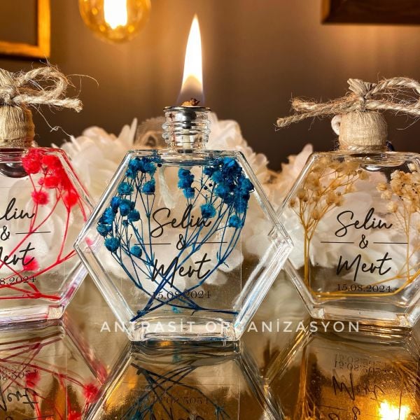Kuru Çiçekli Altıgen Cam Şişe Kandil Nikah Nişan Söz Bebek Şekeri Hediyelik ANTRASİT ORGANİZASYON