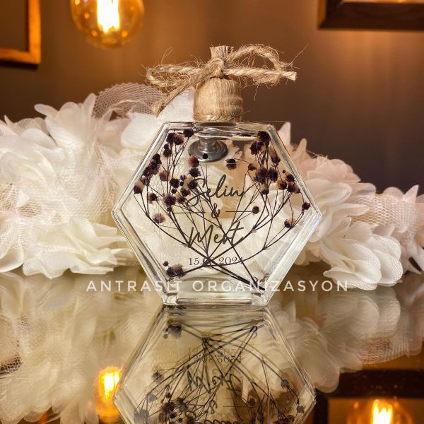 Kuru Çiçekli Altıgen Cam Şişe Kandil Nikah Nişan Söz Bebek Şekeri Hediyelik ANTRASİT ORGANİZASYON