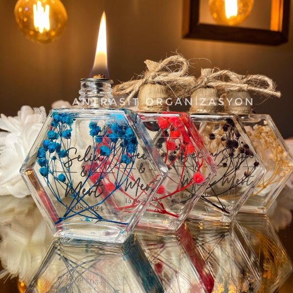 Kuru Çiçekli Altıgen Cam Şişe Kandil Nikah Nişan Söz Bebek Şekeri Hediyelik ANTRASİT ORGANİZASYON