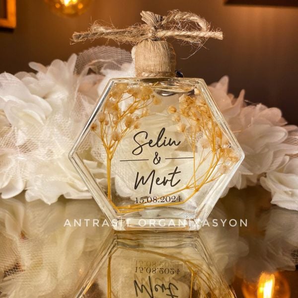 Kuru Çiçekli Altıgen Cam Şişe Kandil Nikah Nişan Söz Bebek Şekeri Hediyelik ANTRASİT ORGANİZASYON