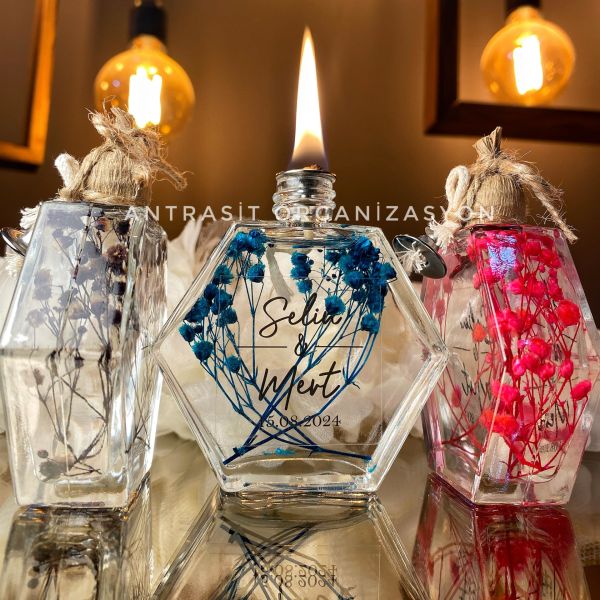 Kuru Çiçekli Altıgen Cam Şişe Kandil Nikah Nişan Söz Bebek Şekeri Hediyelik ANTRASİT ORGANİZASYON