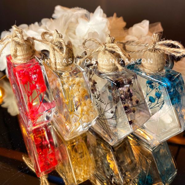 Kuru Çiçekli Altıgen Cam Şişe Kandil Nikah Nişan Söz Bebek Şekeri Hediyelik ANTRASİT ORGANİZASYON