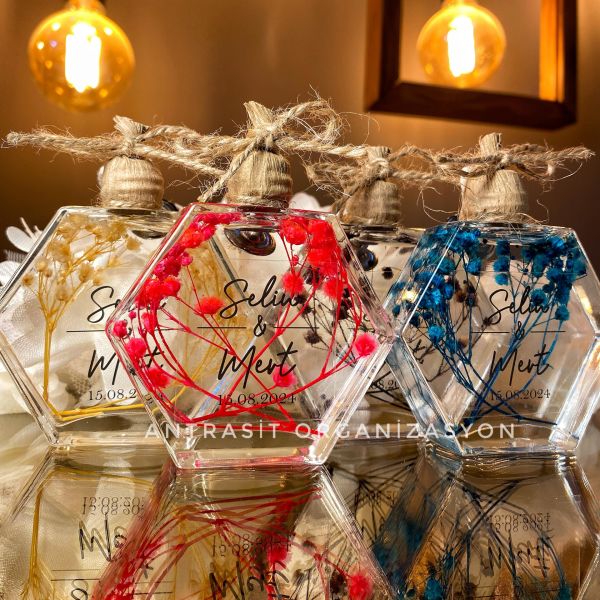 Kuru Çiçekli Altıgen Cam Şişe Kandil Nikah Nişan Söz Bebek Şekeri Hediyelik ANTRASİT ORGANİZASYON