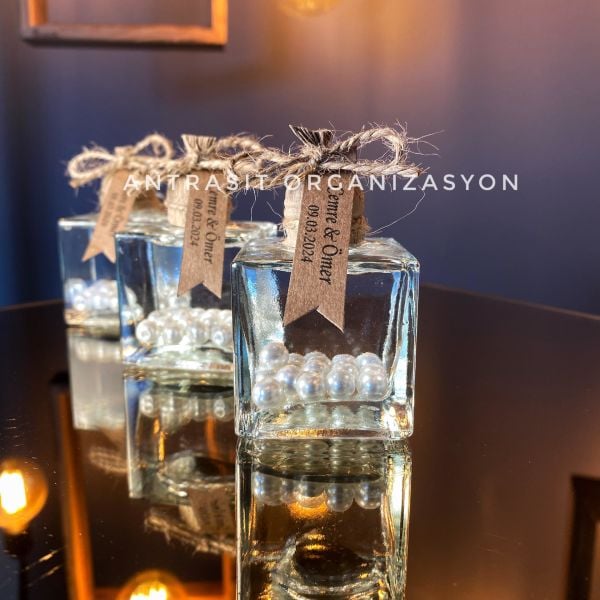 İncili Cam Şişe Kandil 50 CC Kare Nikah Nişan Söz Bebek Şekeri Hediyelik