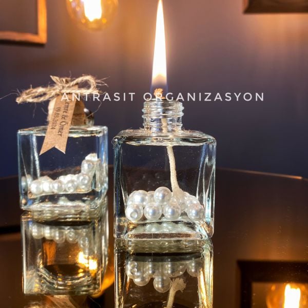 İncili Cam Şişe Kandil 50 CC Kare Nikah Nişan Söz Bebek Şekeri Hediyelik