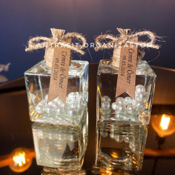 İncili Cam Şişe Kandil 50 CC Kare Nikah Nişan Söz Bebek Şekeri Hediyelik