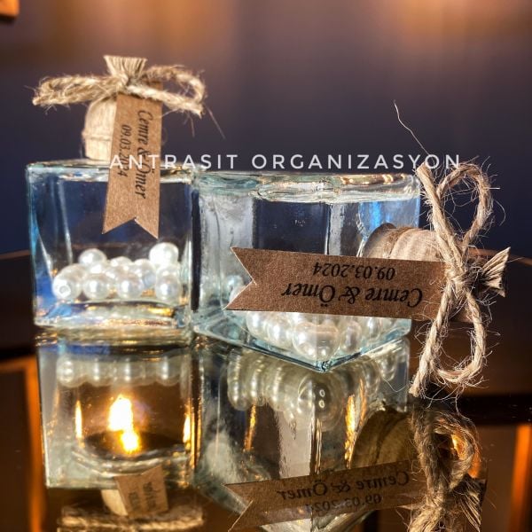 İncili Cam Şişe Kandil 50 CC Kare Nikah Nişan Söz Bebek Şekeri Hediyelik