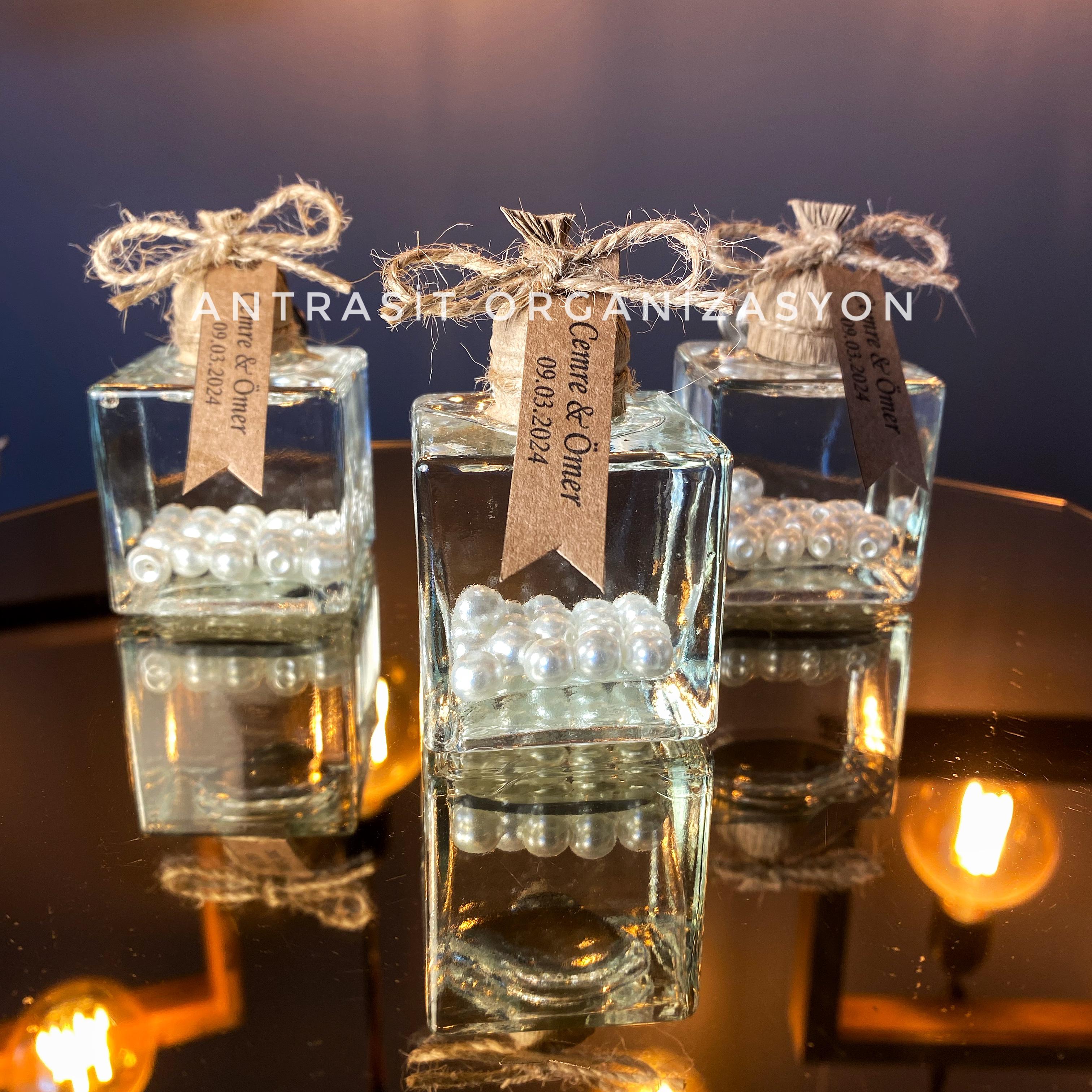 İncili Cam Şişe Kandil 50 CC Kare Nikah Nişan Söz Bebek Şekeri Hediyelik