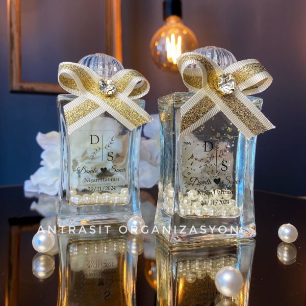İncili Simli Kolonya Şişesi 50 CC Cam Nikah Nişan Söz Bebek Şekeri Hediyelik
