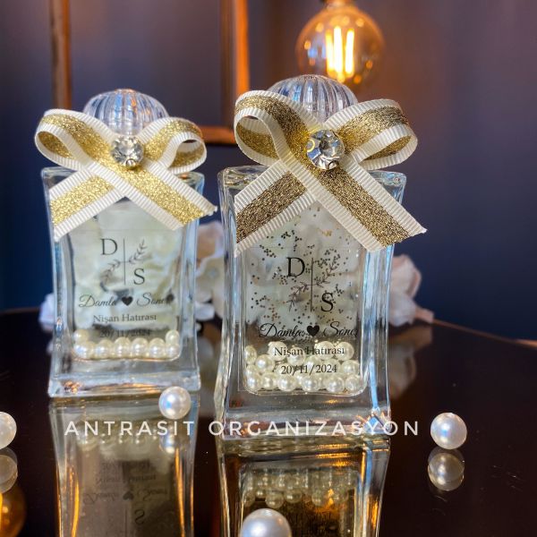 İncili Simli Kolonya Şişesi 50 CC Cam Nikah Nişan Söz Bebek Şekeri Hediyelik