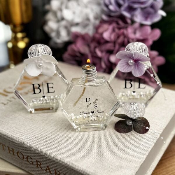 Antrasit Organizasyon Islak Ortancalı İncili Kandil 50 CC Altıgen Cam Şişe Nikah Nişan Söz Bebek Şekeri Hediyelik