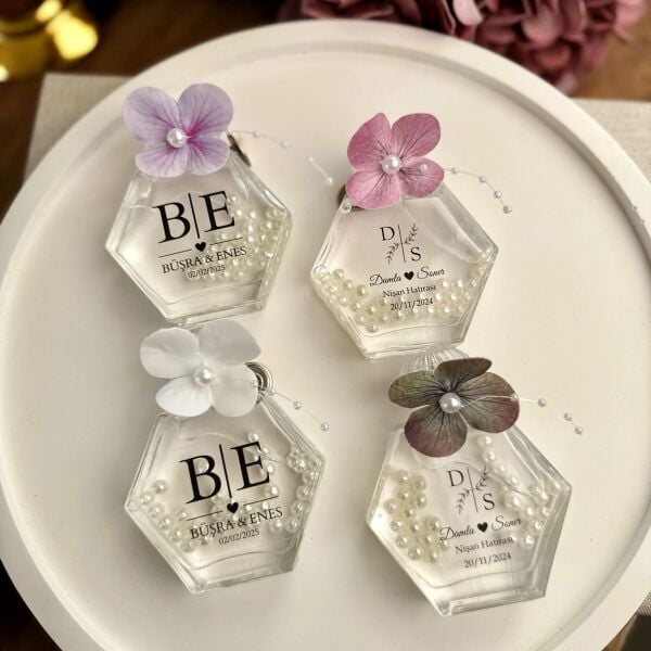 Antrasit Organizasyon Islak Ortancalı İncili Kandil 50 CC Altıgen Cam Şişe Nikah Nişan Söz Bebek Şekeri Hediyelik