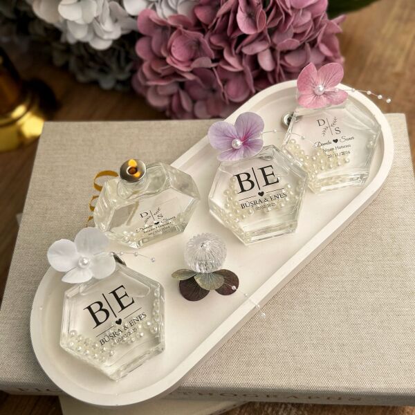 Antrasit Organizasyon Islak Ortancalı İncili Kandil 50 CC Altıgen Cam Şişe Nikah Nişan Söz Bebek Şekeri Hediyelik