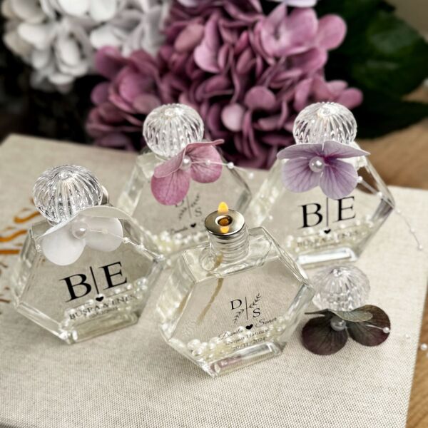 Antrasit Organizasyon Islak Ortancalı İncili Kandil 50 CC Altıgen Cam Şişe Nikah Nişan Söz Bebek Şekeri Hediyelik