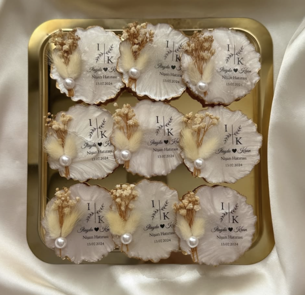 Epoksi Magnet Kuru Çiçekli Nikah Nişan Söz Bebek Şekeri Hediyelik Antrasit Organizasyon