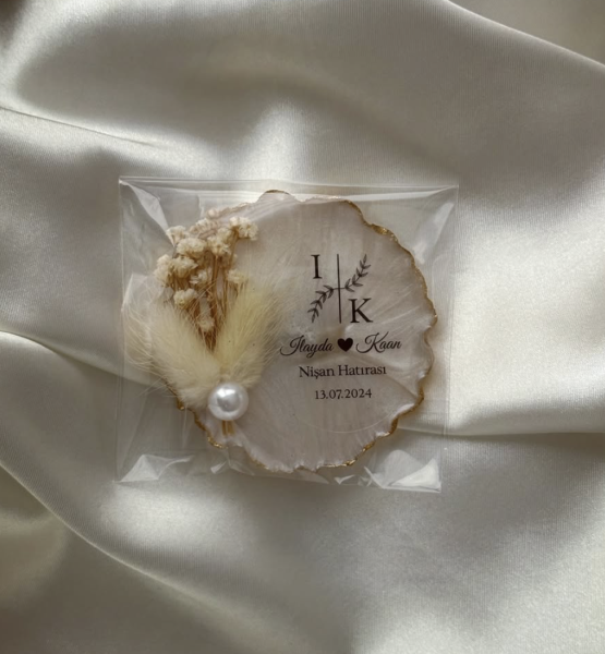 Epoksi Magnet Kuru Çiçekli Nikah Nişan Söz Bebek Şekeri Hediyelik Antrasit Organizasyon