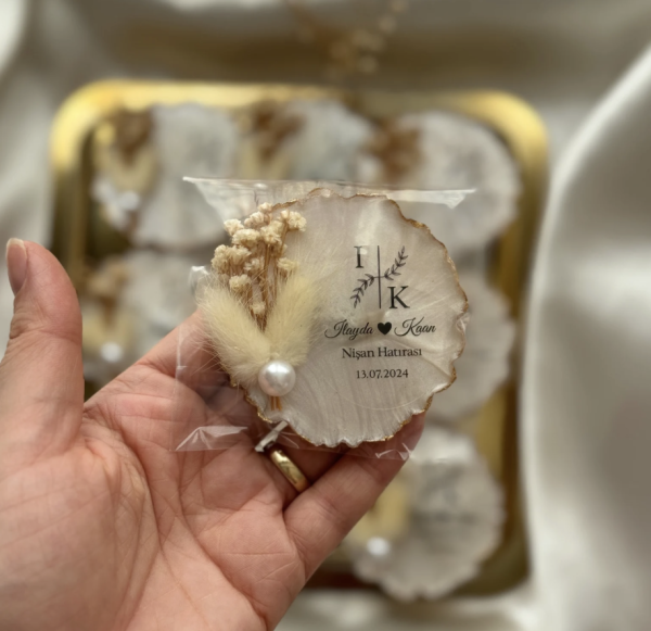 Epoksi Magnet Kuru Çiçekli Nikah Nişan Söz Bebek Şekeri Hediyelik Antrasit Organizasyon