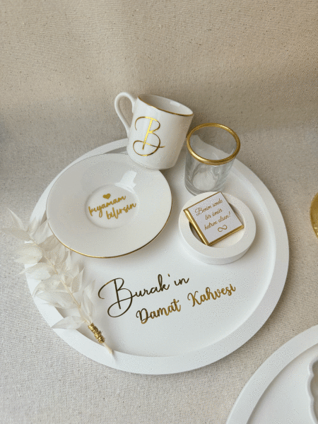 Beyaz Seri Söz Nişan Yüzük Tepsisi Ve Damat Fincanı Tepsisi İsme Özel Tam Takım - Altın Detaylar - ÜCRETSİZ KARGO