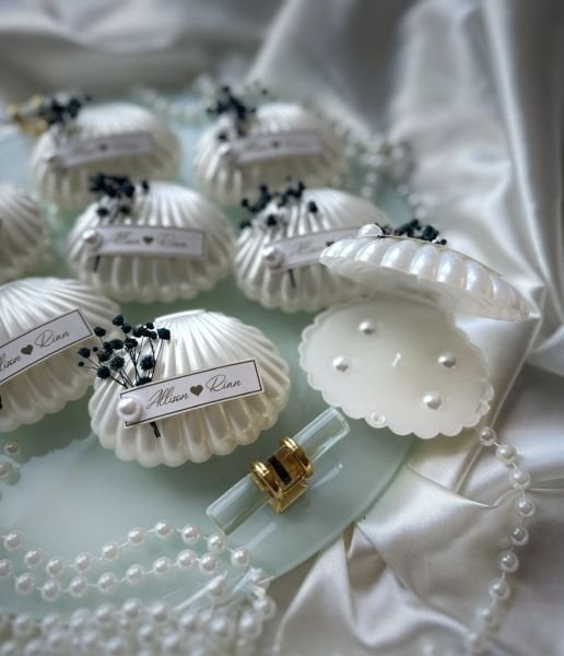 İstiridye Mum Nikah Nişan Söz Bebek Şekeri KUTUSUZ Hediyelik Antrasit Organizasyon