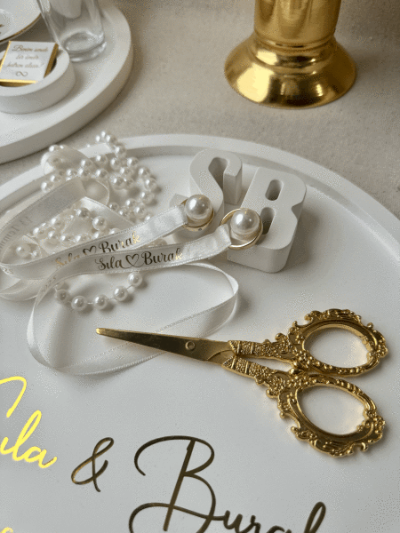 İsim Baskılı Klasik Yüzük Kurdelesi 100 cm - Özel Varak Baskılı Klasik 1 cm Saten Kurdele