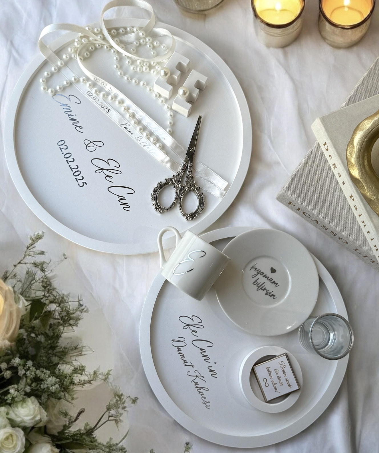 Söz Nişan Yüzük Tepsisi Ve Damat Fincanı Tepsisi İsme Özel Tam Takım - Beyaz Seri Gümüş Detaylı - ÜCRETSİZ KARGO