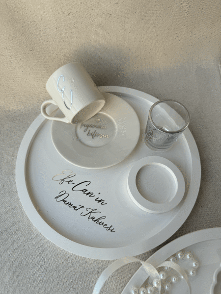 Söz Nişan Yüzük Tepsisi Ve Damat Fincanı Tepsisi İsme Özel Tam Takım - Beyaz Seri Gümüş Detaylı - ÜCRETSİZ KARGO