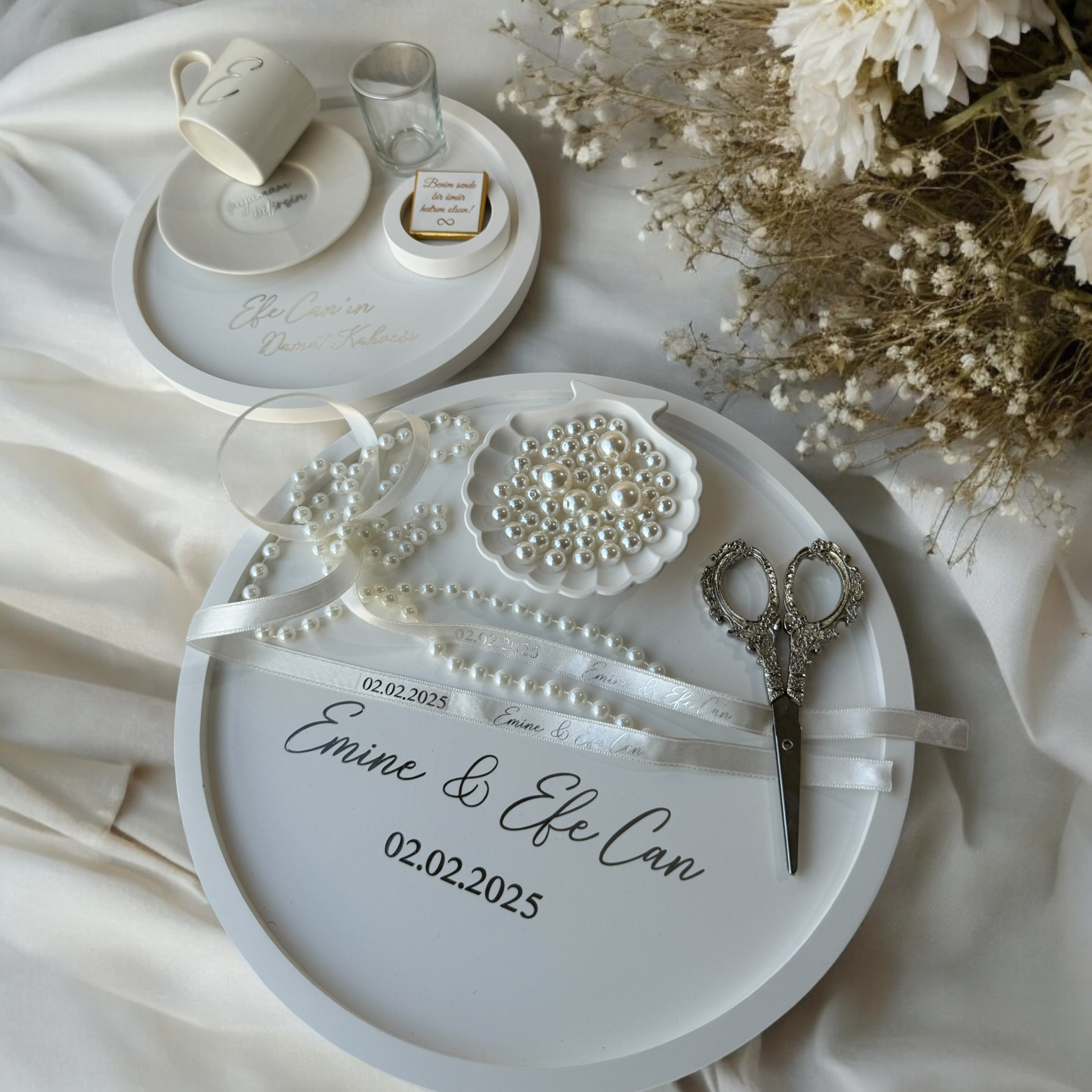 İstiridye Yüzüklük Modeli - Söz Nişan Yüzük Tepsisi Ve Damat Fincanı Tepsisi İsme Özel Tam Takım - ÜCRETSİZ KARGO