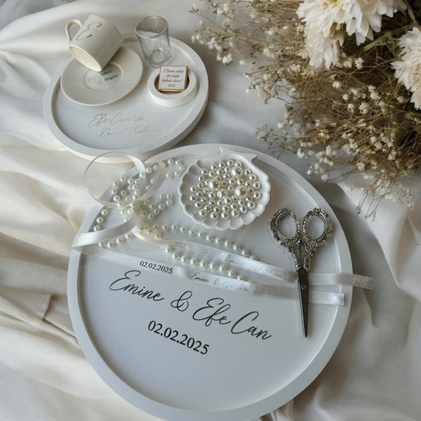 İstiridye Yüzüklük Modeli - Söz Nişan Yüzük Tepsisi Ve Damat Fincanı Tepsisi İsme Özel Tam Takım - ÜCRETSİZ KARGO