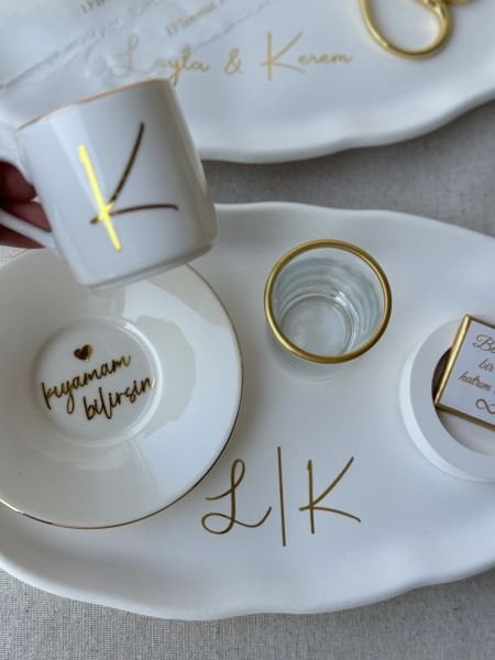 Yeni Model Beyaz Seri Söz Nişan Yüzük Tepsisi Ve Damat Fincanı Tepsisi İsme Özel Tam Takım  - ÜCRETSİZ KARGO