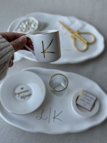 Yeni Model Beyaz Seri Söz Nişan Yüzük Tepsisi Ve Damat Fincanı Tepsisi İsme Özel Tam Takım  - ÜCRETSİZ KARGO