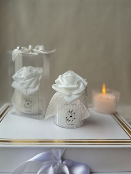 Beyaz Gül Detaylı Mika Model Mum Nikah Nişan Söz Bebek Şekeri Hediyelik Antrasit Organizasyon