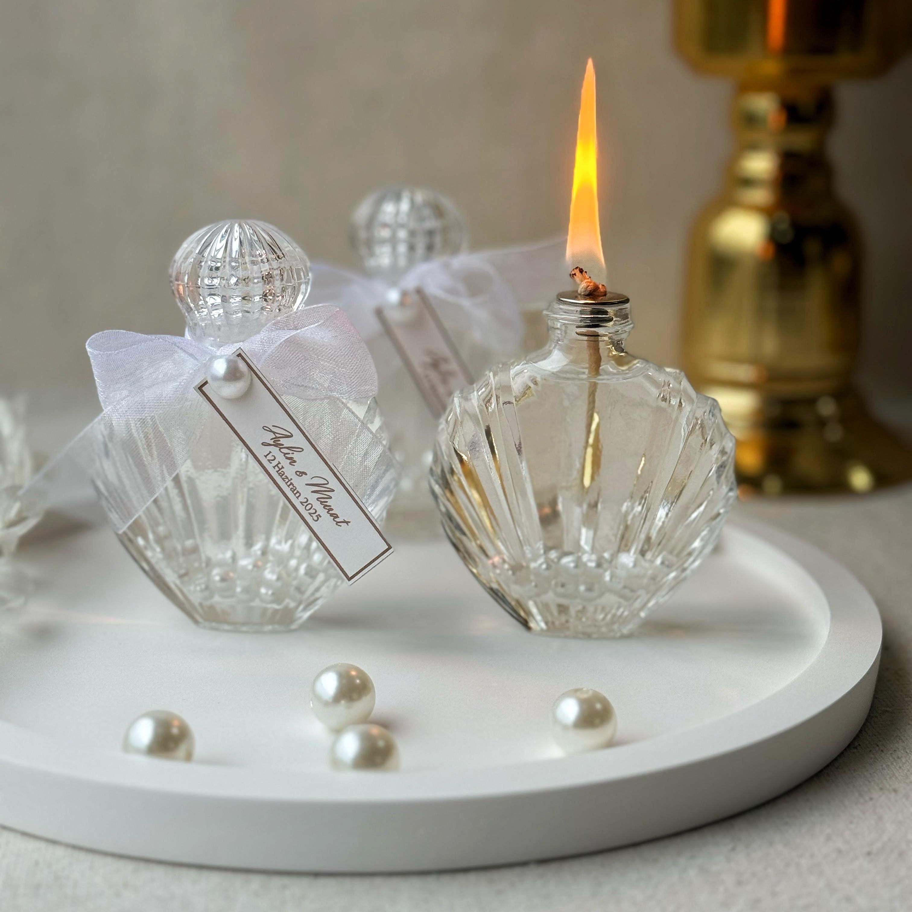 İncili İstiridye Yakılabilir Kandil 30 CC Cam Şişe Nikah Nişan Söz Bebek Şekeri Hediyelik