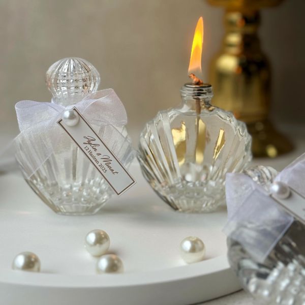 İncili İstiridye Yakılabilir Kandil 30 CC Cam Şişe Nikah Nişan Söz Bebek Şekeri Hediyelik