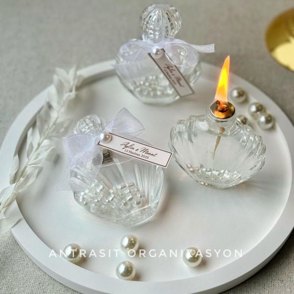 İncili İstiridye Yakılabilir Kandil 30 CC Cam Şişe Nikah Nişan Söz Bebek Şekeri Hediyelik