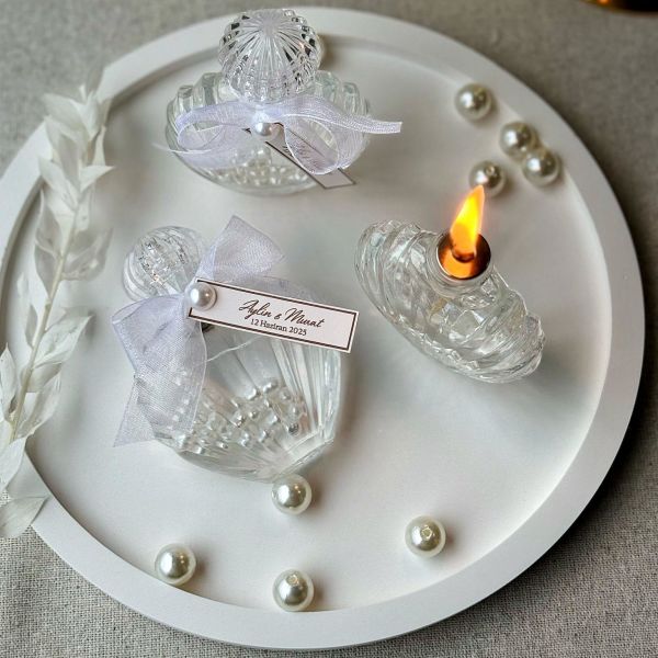 İncili İstiridye Yakılabilir Kandil 30 CC Cam Şişe Nikah Nişan Söz Bebek Şekeri Hediyelik