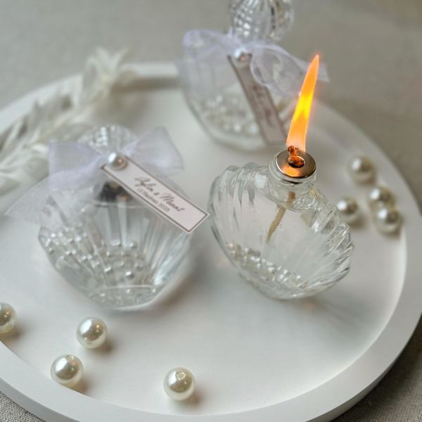 İncili İstiridye Yakılabilir Kandil 30 CC Cam Şişe Nikah Nişan Söz Bebek Şekeri Hediyelik