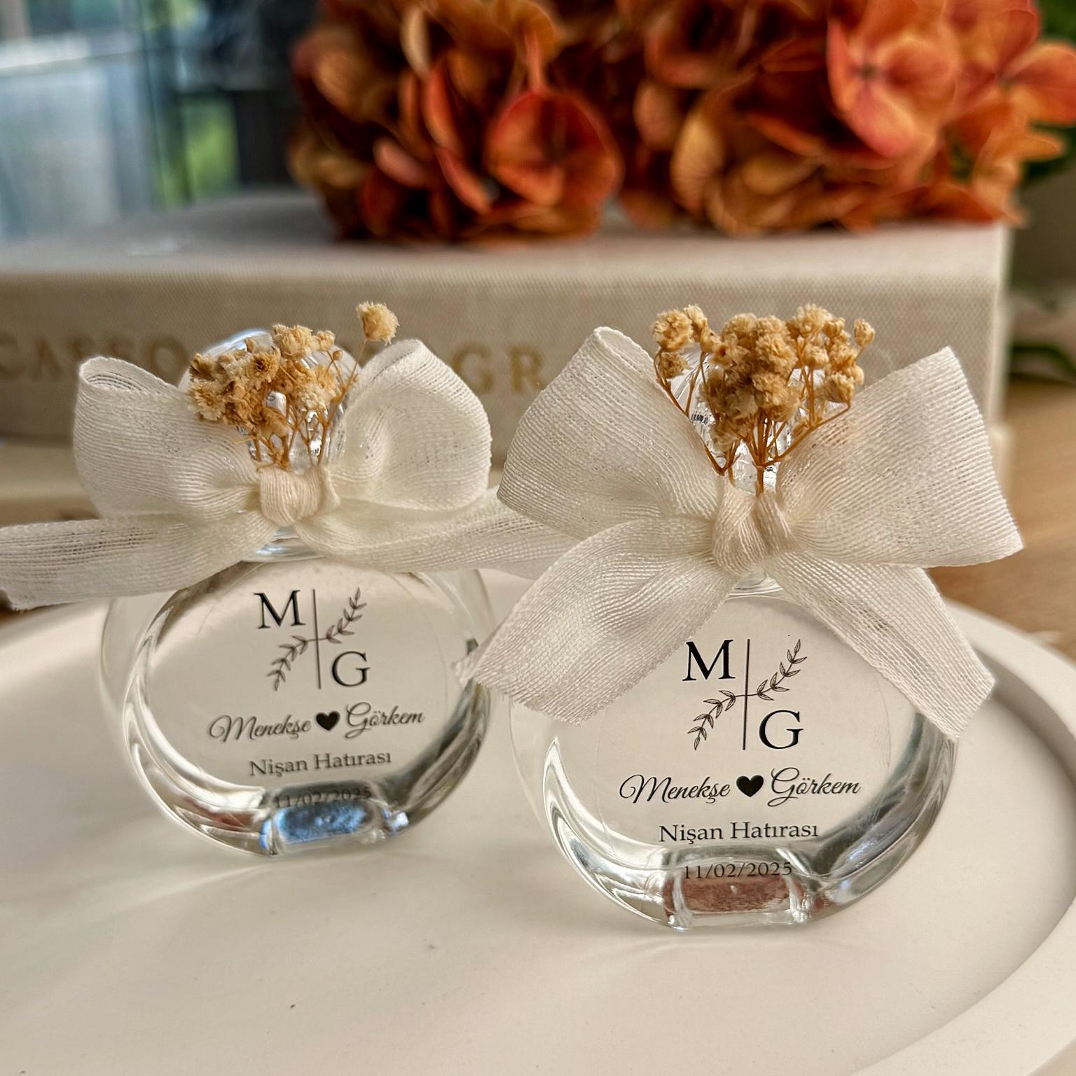Kuru Çiçekli Kolonya Şişesi 50 CC Cam Nikah Nişan Söz Bebek Şekeri Hediyelik Antrasit Organizasyon