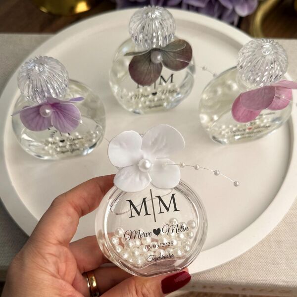 Kolonya Şişesi Islak Ortanca Süslemeli 50 CC Cam Nikah Nişan Söz Bebek Şekeri Hediyelik Antrasit Organizasyon