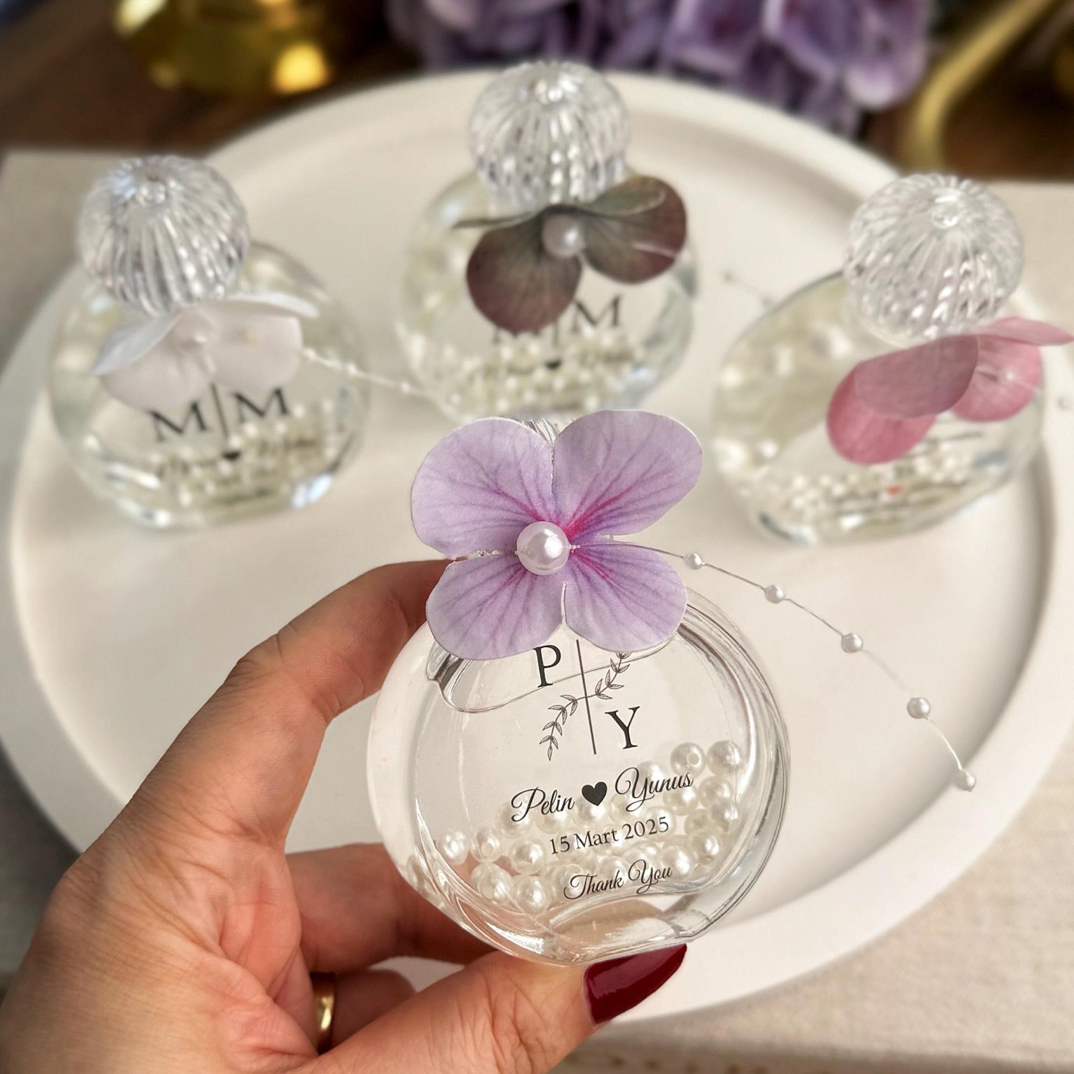 Kolonya Şişesi Islak Ortanca Süslemeli 50 CC Cam Nikah Nişan Söz Bebek Şekeri Hediyelik Antrasit Organizasyon